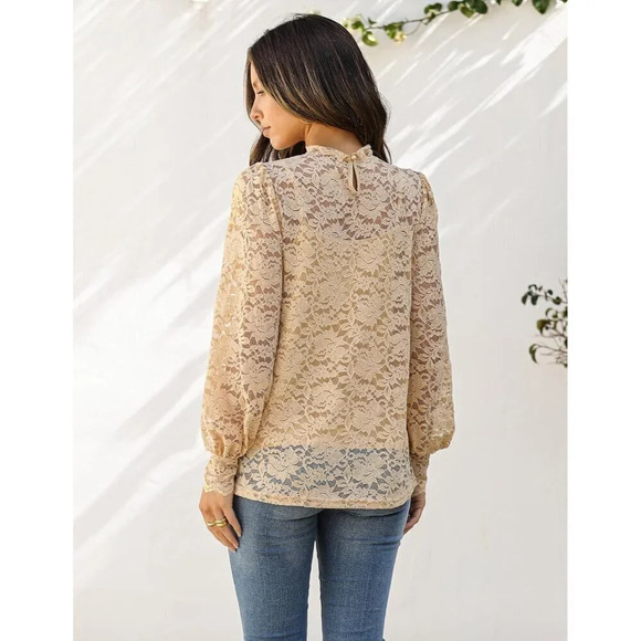 Womens Lace Tops Long Sleeve Mock Neck Casual Elegant Blouses Shirts - Picture 2 of 7